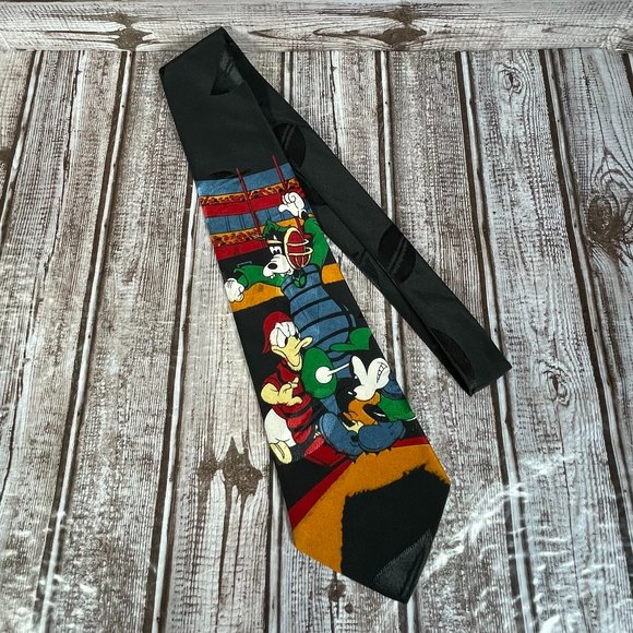 DISNEY By Simon Men Neck Tie Silk Donald Goofy Mickey Baseball Black - Picture 1 of 5